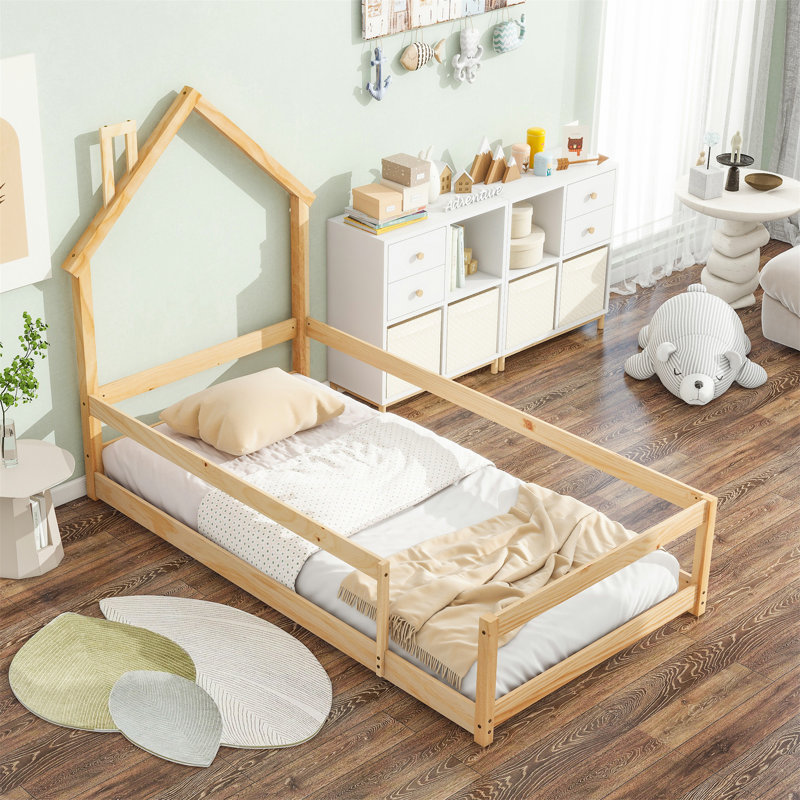 Charlton Home Twin Size Wood bed with House shaped Headboard Floor bed with Fences Natural Wayfair